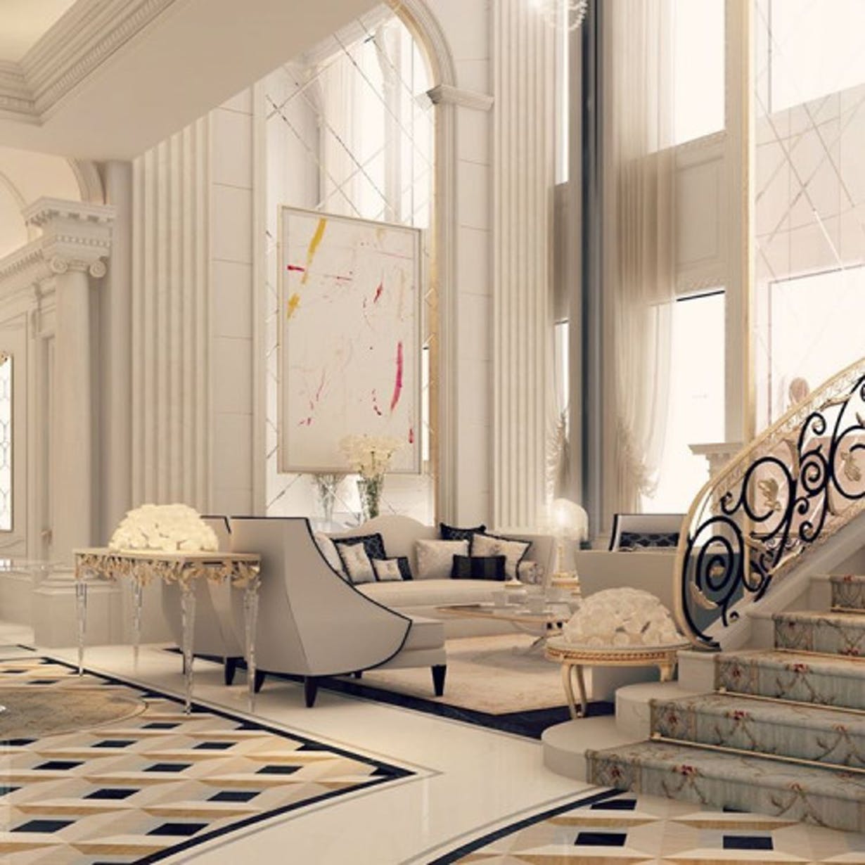 Villa Lobby Floor with Crea Marfil Marble Tiles